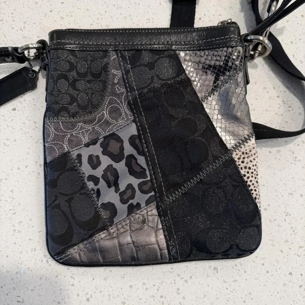 Vtg Coach Patchwork Crossbody Bag Small Black Leopard Leather Studded 42070 Y2K